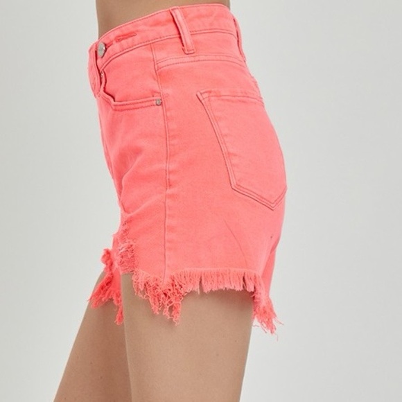 NWT RISEN Neon Coral Pink Raw Hem Asymmetrical Waist Denim Shorts - Picture 2 of 4
